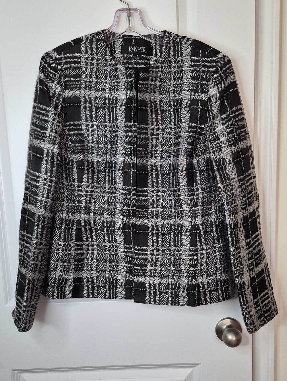 Kasper Black and White Textured Plaid Open Front Blazer Size 8